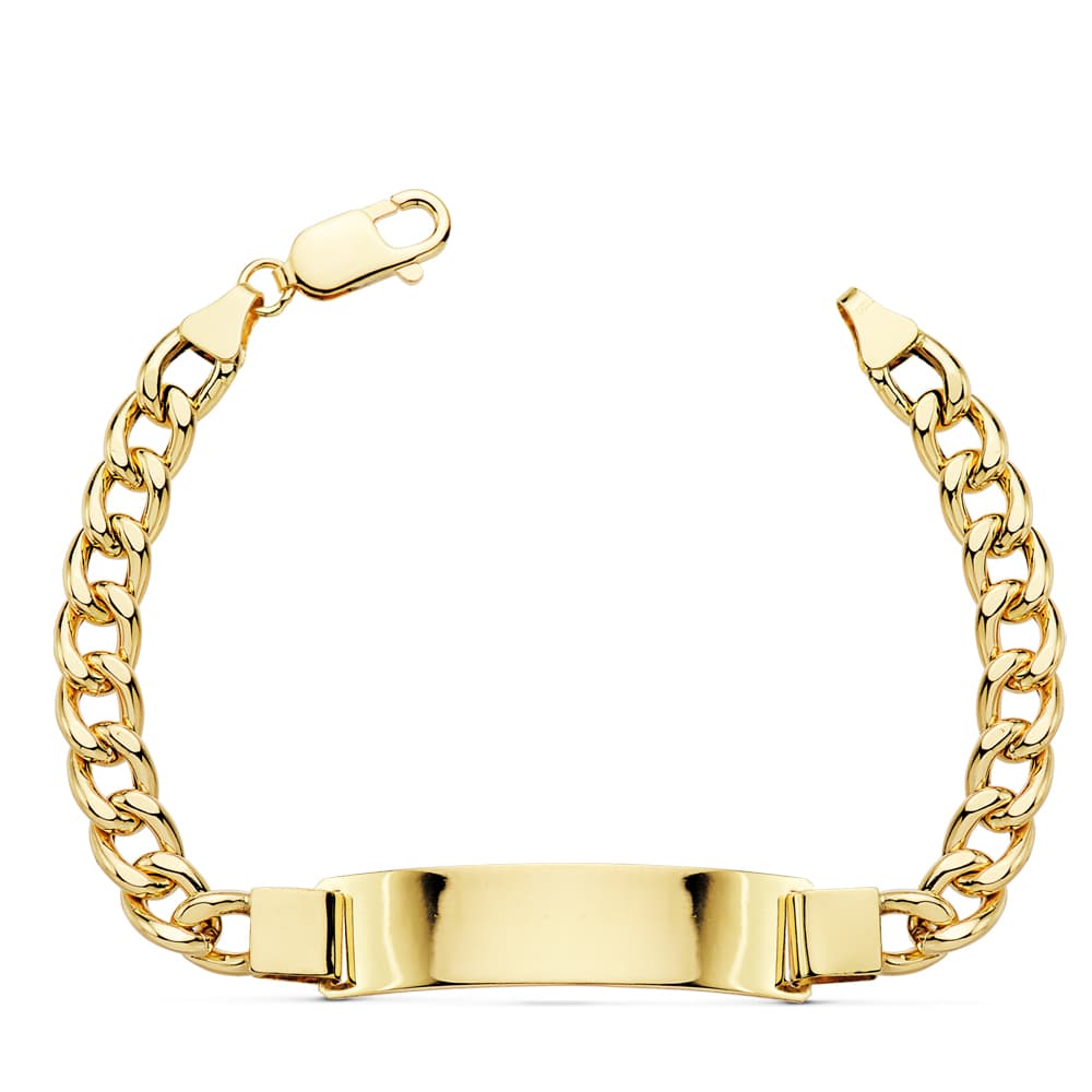 Esclava de oro amarillo 18k barbada hueca, ancho 7 mm, largo 21,5 cm y placa chapa 42x10 mm, sobre fondo blanco