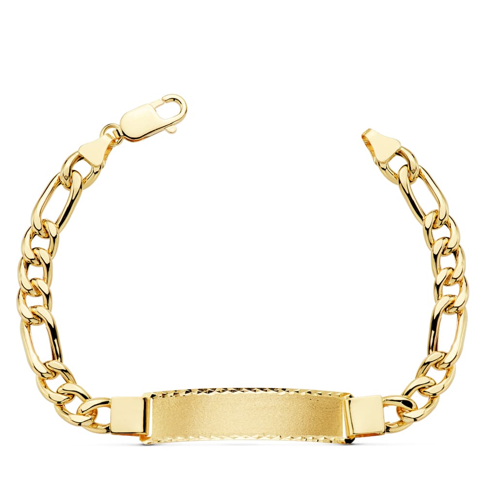 Esclava de oro amarillo 18k estilo cartier, hueca, ancho 7 mm, largo 21,5 cm y placa chapa 42x10 mm, sobre fondo blanco