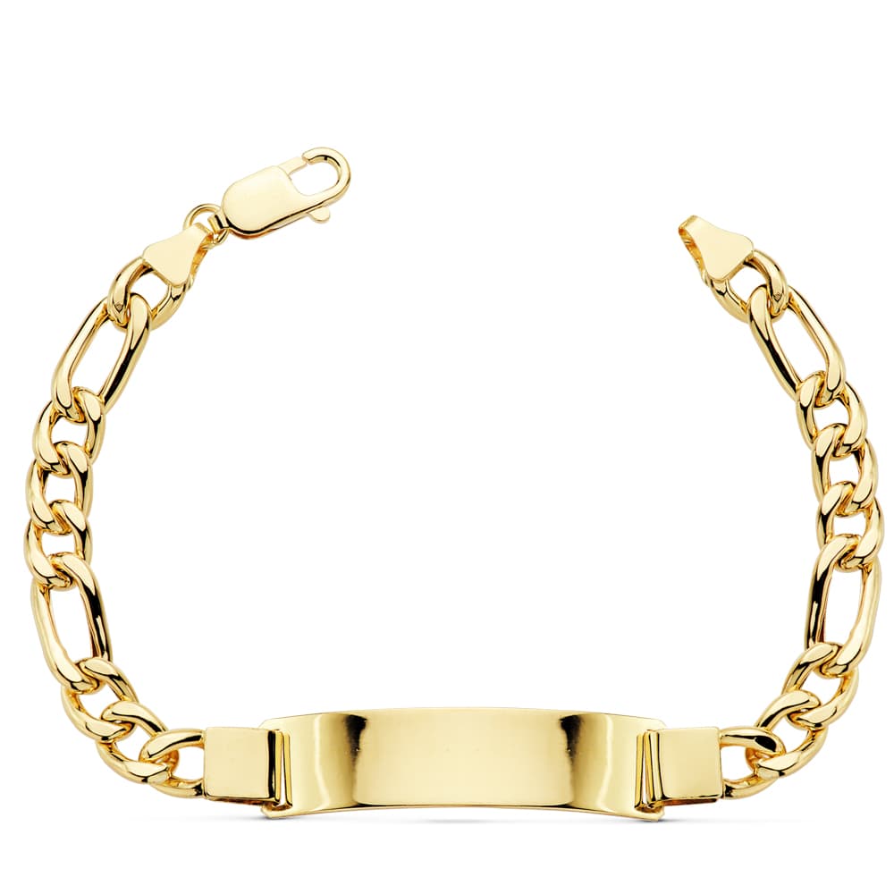 Esclava de oro amarillo 18k estilo cartier, hueca, ancho 7,5 mm, largo 21,5 cm y placa chapa 43x10 mm, sobre fondo blanco