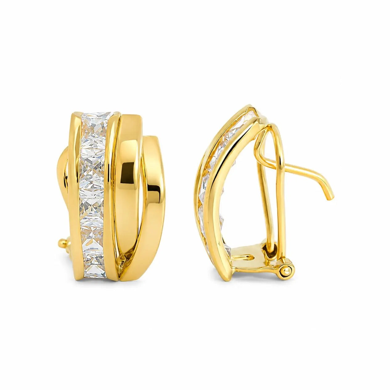 Pendientes oro bicolor 18 quilates bandas circonitas carré omega - vista frontal