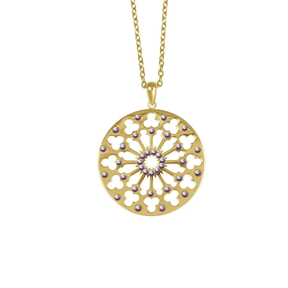 Colgante Dalias calado de acero inoxidable chapado en oro de 30 mm de diámetro con su cadena