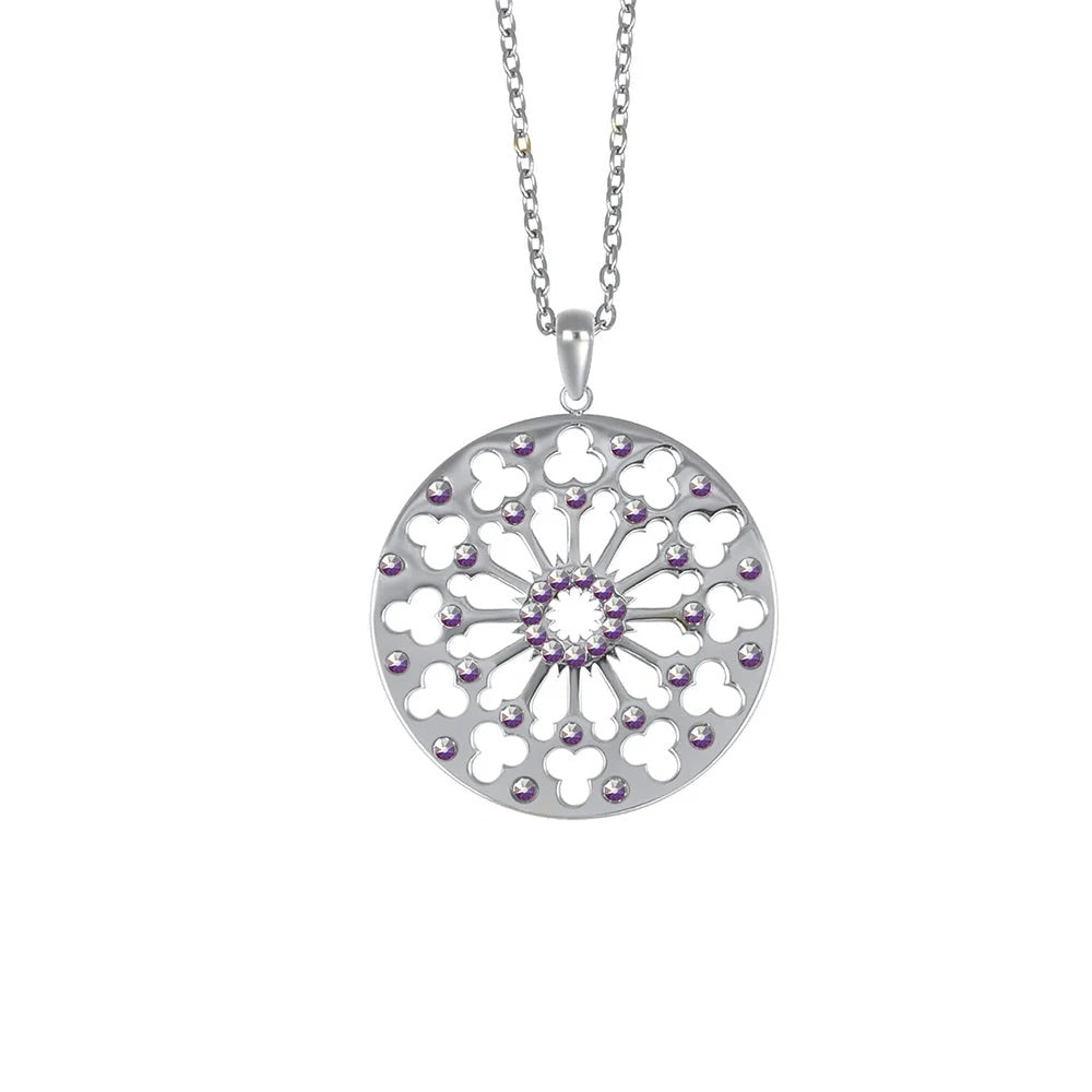 Colgante Dalias calado de acero inoxidable de 30 mm de diámetro con su cadena, de la firma Crystalp elaborado con cristales Swarovski®