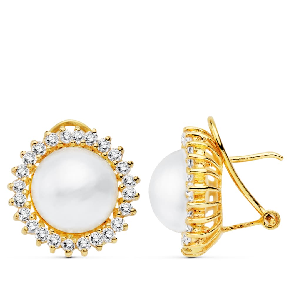 Par de pendientes de oro de ley perla japonesa con cerco de circonitas cierre omega
