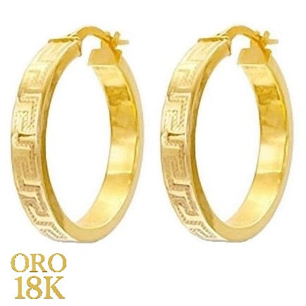 Par de aros de oro de ley 18k con dibujo de greca grande