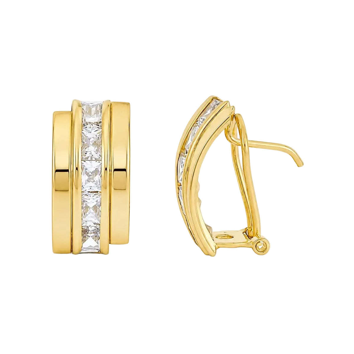 Pendientes oro 18 quilates bandas circonitas carré omega - vista frontal