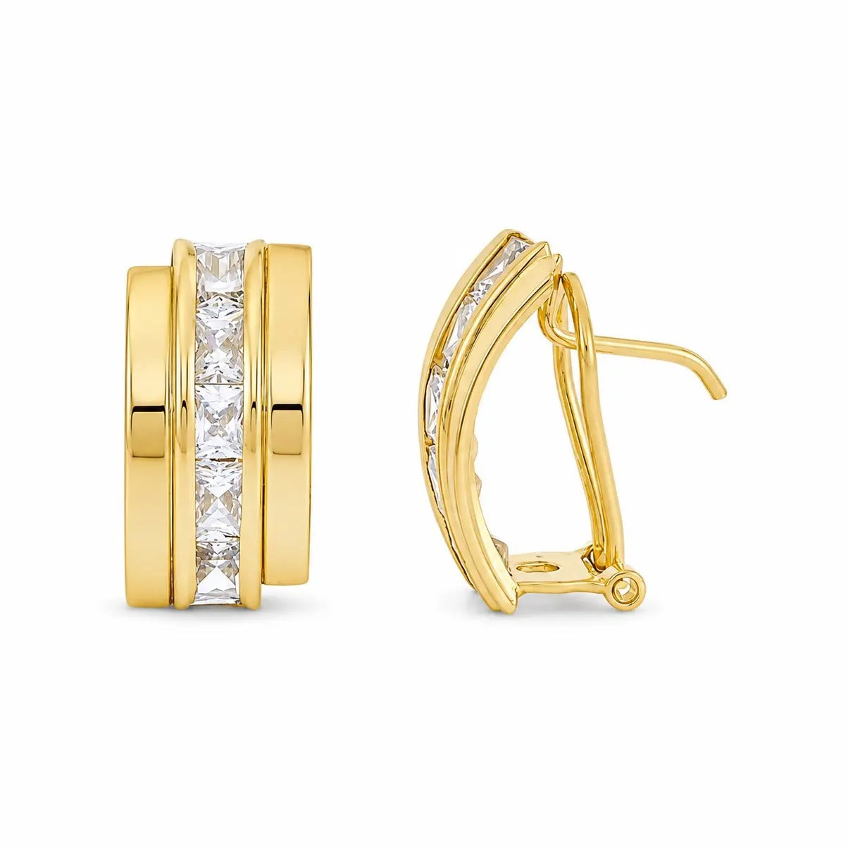 Pendientes oro 18 quilates bandas circonitas carré omega - vista frontal