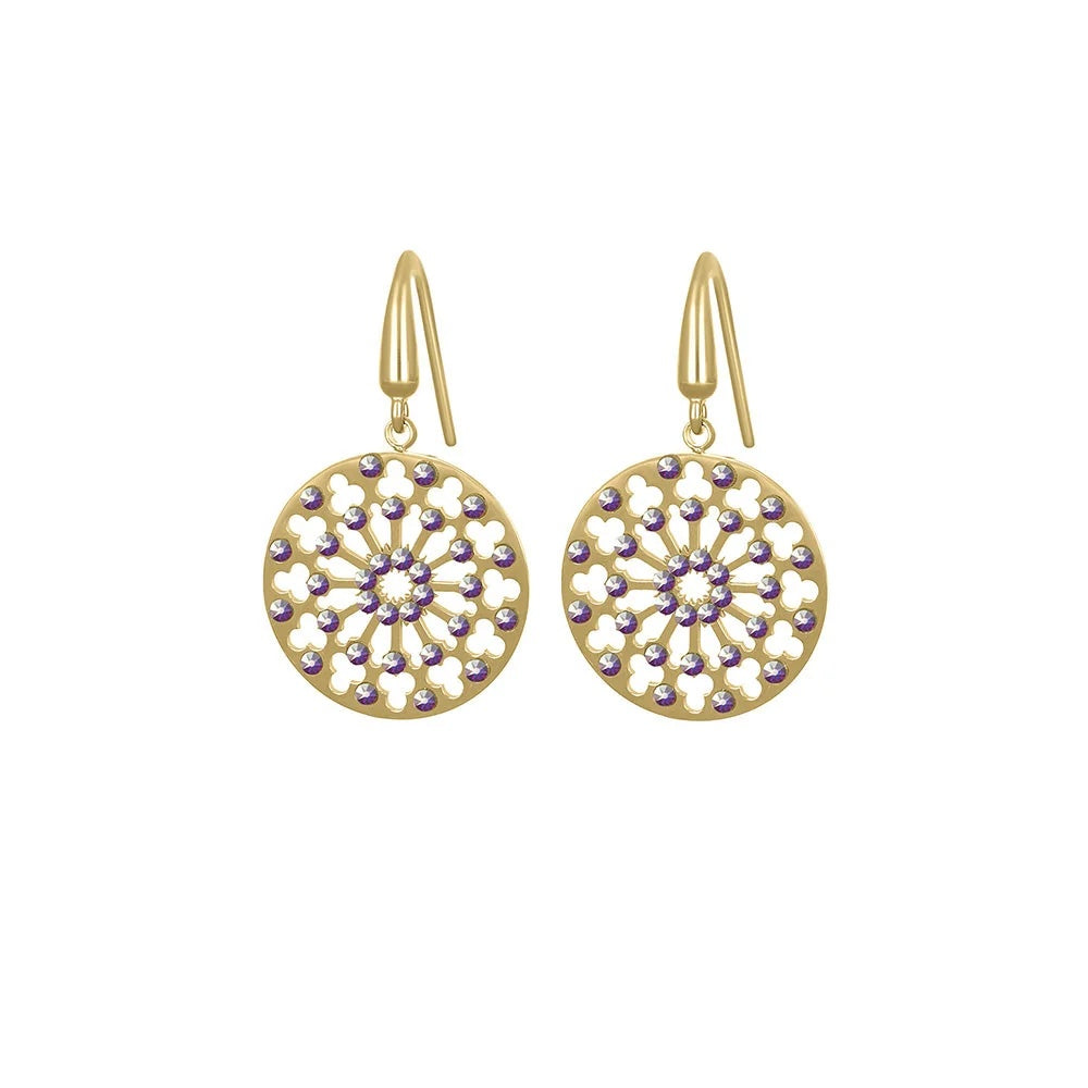 Pendientes colgantes Dalias calados de acero inoxidable chapado en oro de 20 mm de diámetro y 34 mm de largo total