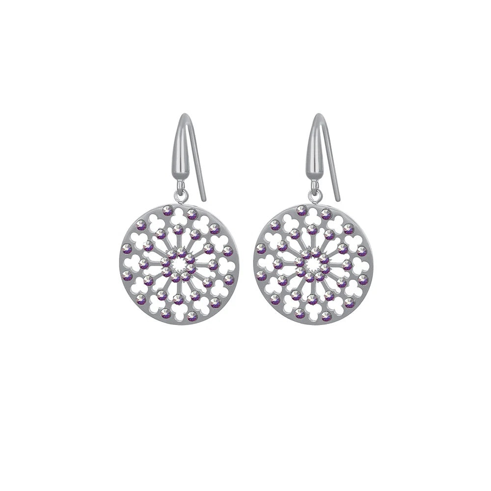 Pendientes colgantes Dalias calados de acero inoxidable de 20 mm de diámetro y 34 mm de largo total