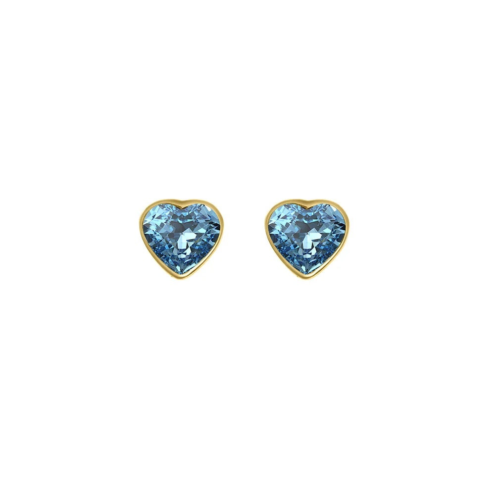 Pendientes de botón Ibiza Love con corazón de acero inoxidable chapado en oro de 7 mm, de la firma Crystalp elaborados con cristales Swarovski® aguamarina