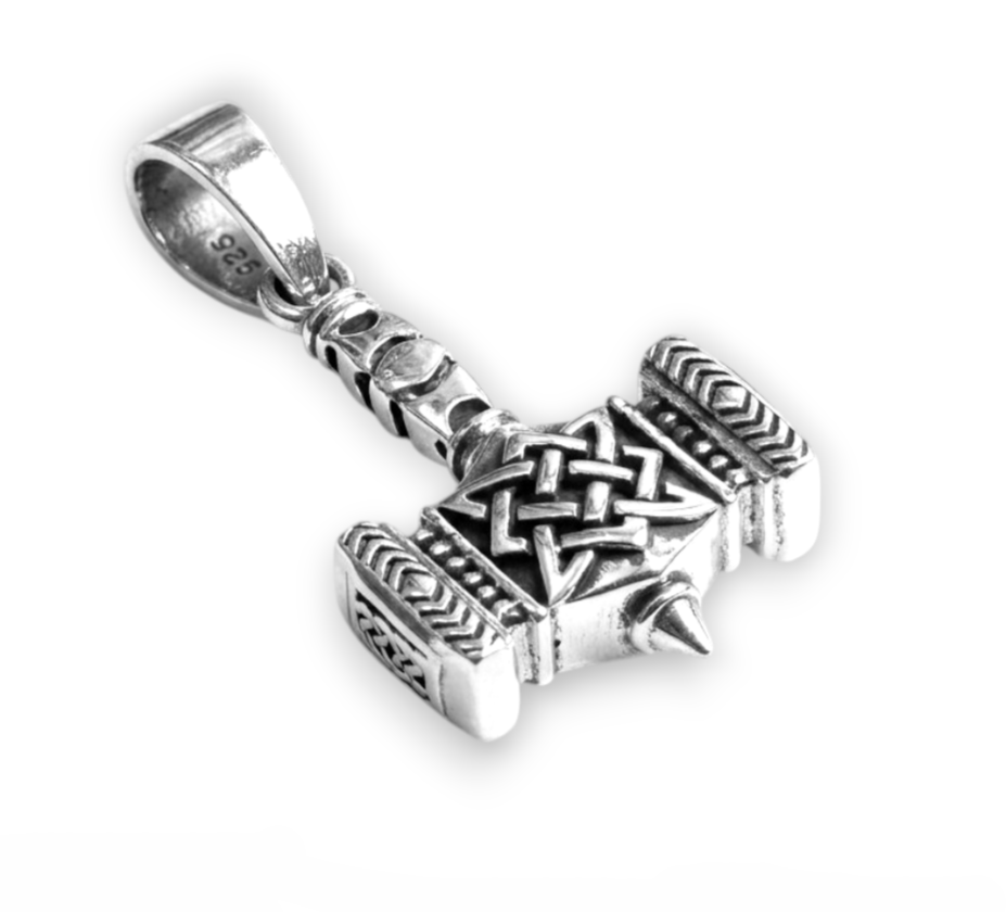 Colgante de plata de ley 925 en forma de maza, detallado con runas vikingas que representa a Mjolnir, el martillo de Thor