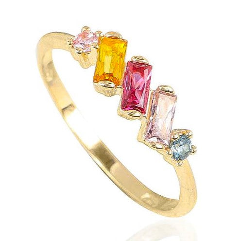 Sortija de oro de 18k con circonitas de colores suaves en baguette y redondas