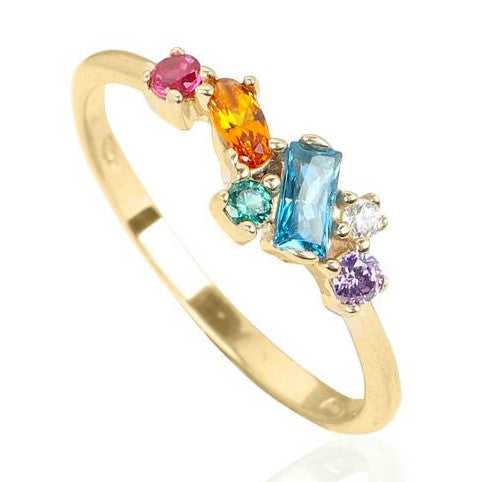 Sortija de oro de 18k con circonitas de colores en baguette y redondas