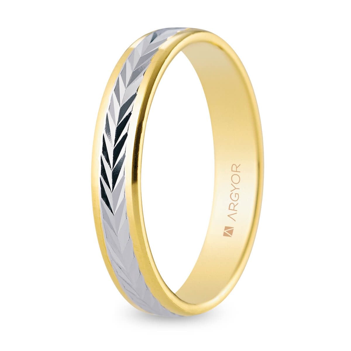 Alianza de boda de oro de 9 quilates bicolor con talla de espiga ancha, 4 mm