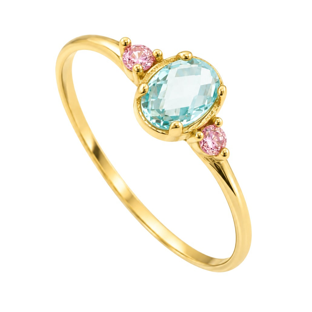 Sortija de oro amarillo de 18 quilates con topacio azul y topacio rosa