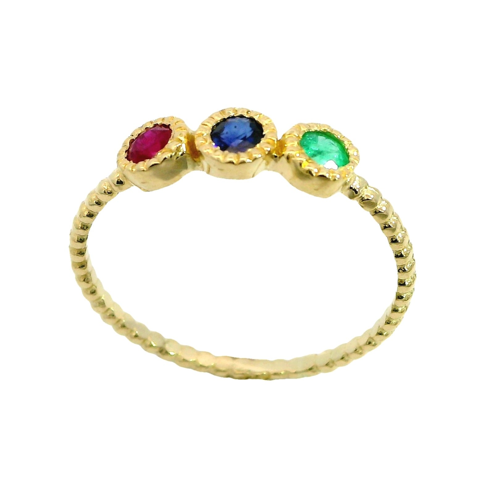 Anillo oro 18 quilates triple bocel zafiro rubí esmeralda - vista frontal