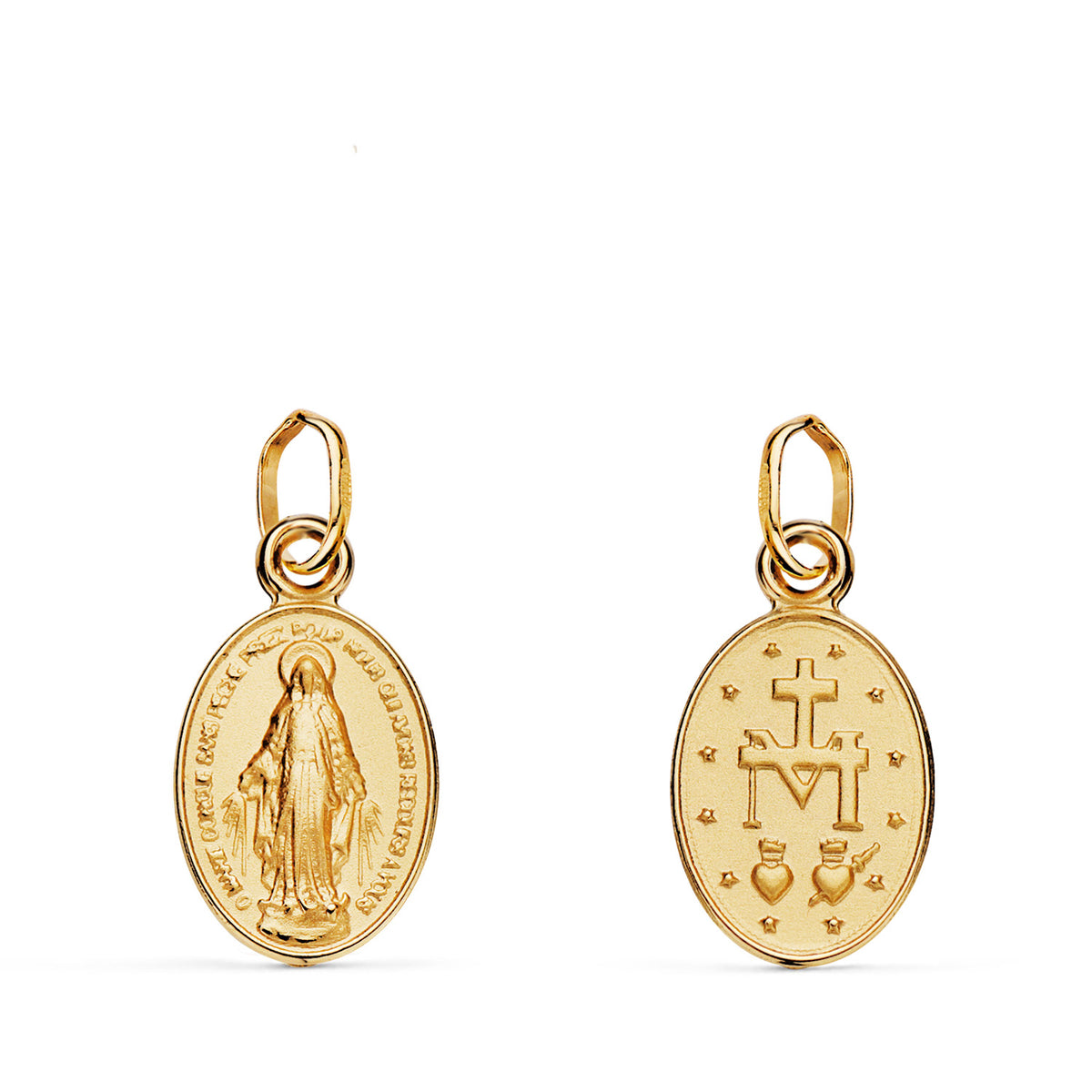 Medalla de la Virgen Milagrosa en oro de ley 18k de 14x9 mm, óvalo liso, anverso y reverso