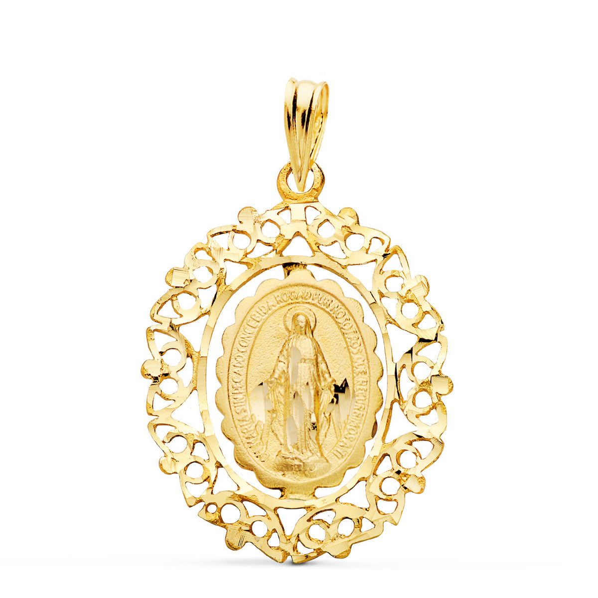 Medalla de la Virgen Milagrosa en oro de ley 18k de 27x21 mm con cerco calado de volutas