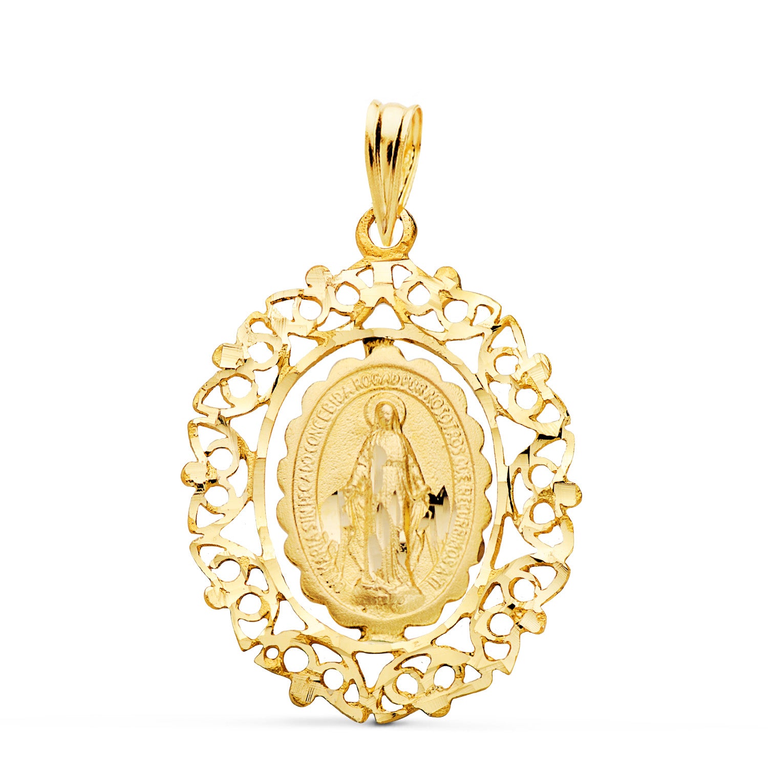 Medalla de la Virgen Milagrosa en oro de ley 18k de 27x21 mm con cerco calado de volutas