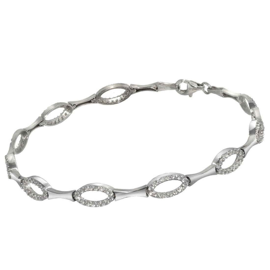 Pulsera de oro blanco 18k con óvalos calados y circonitas, 5 mm de ancho y 19 cm de largo