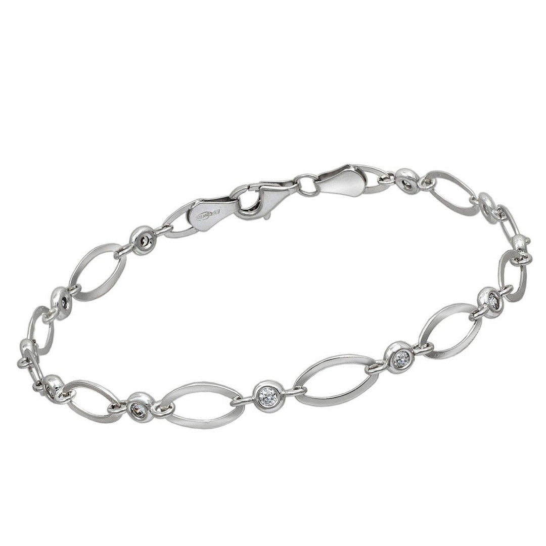 Pulsera de oro blanco 18k con óvalos lisos y circonitas engastadas, 5 mm de ancho y 18 cm de largo