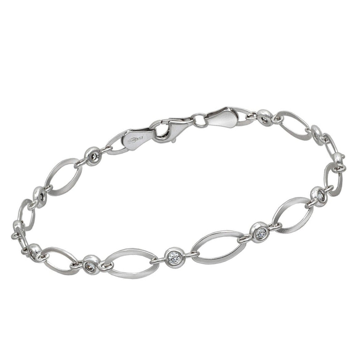 Pulsera de oro blanco 18k con óvalos lisos y circonitas engastadas, 5 mm de ancho y 18 cm de largo