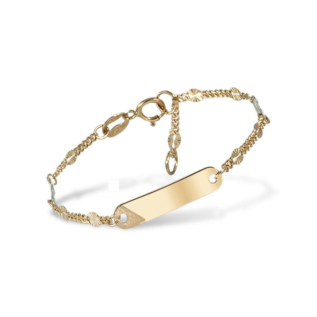 Pulsera oro 18k bebé bicolor con placa y flores 14cm