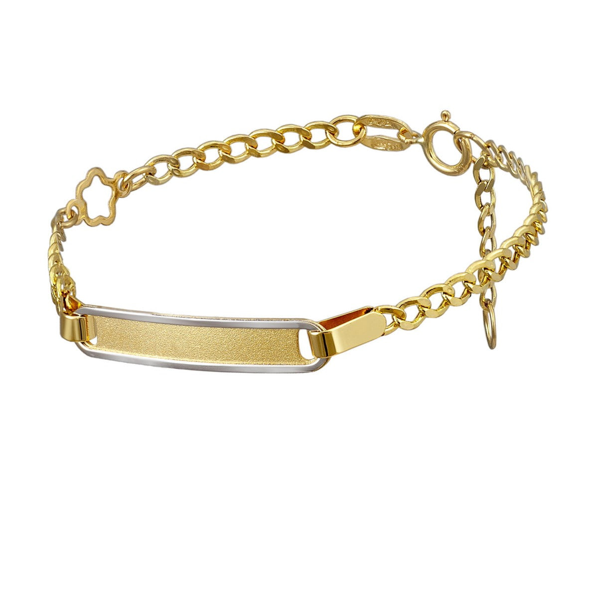 Pulsera bebé oro 18k con brillo, placa y filigrana bicolor 14cm
