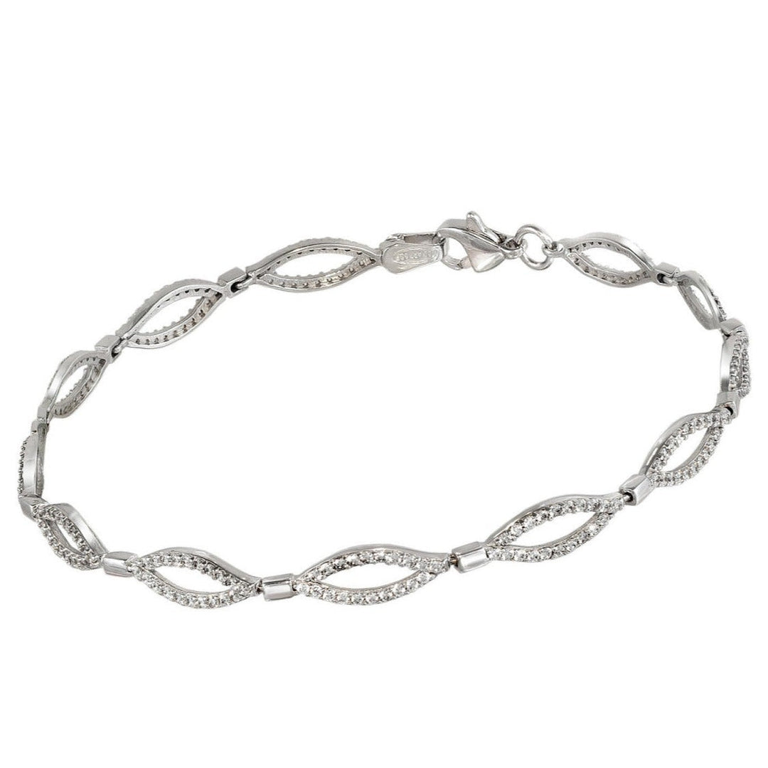 Pulsera de oro blanco 18k con óvalos trenzados y circonitas en pavé, 5 mm de ancho y 19 cm de largo