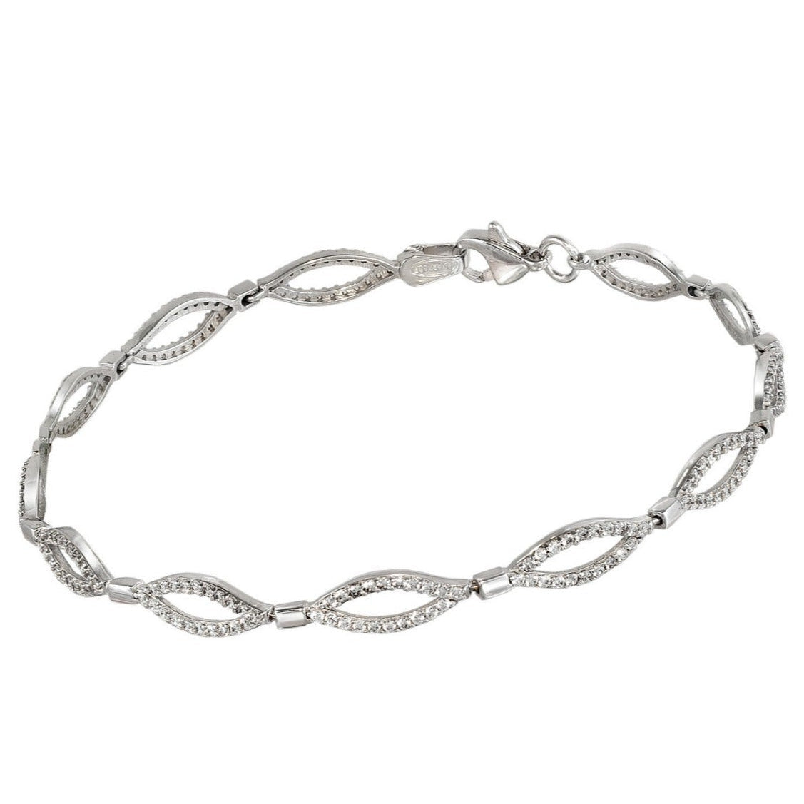 Pulsera de oro blanco 18k con óvalos trenzados y circonitas en pavé, 5 mm de ancho y 19 cm de largo
