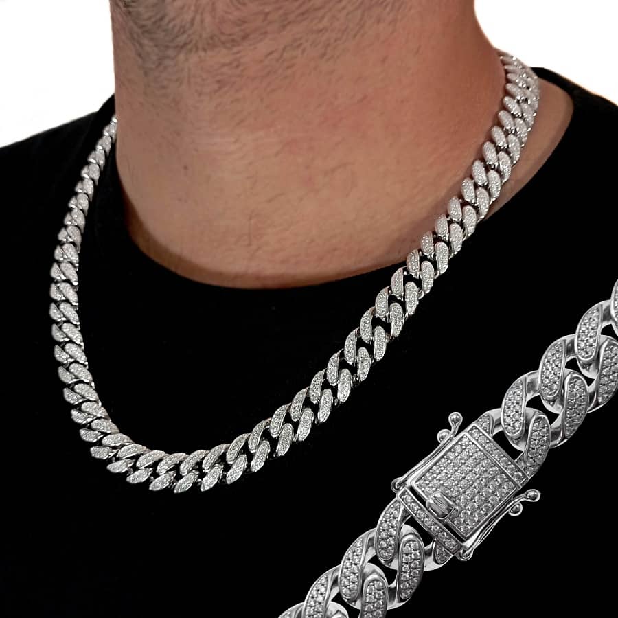 Cadena de plata de ley 925 cubana con circonitas 12 mm de ancho