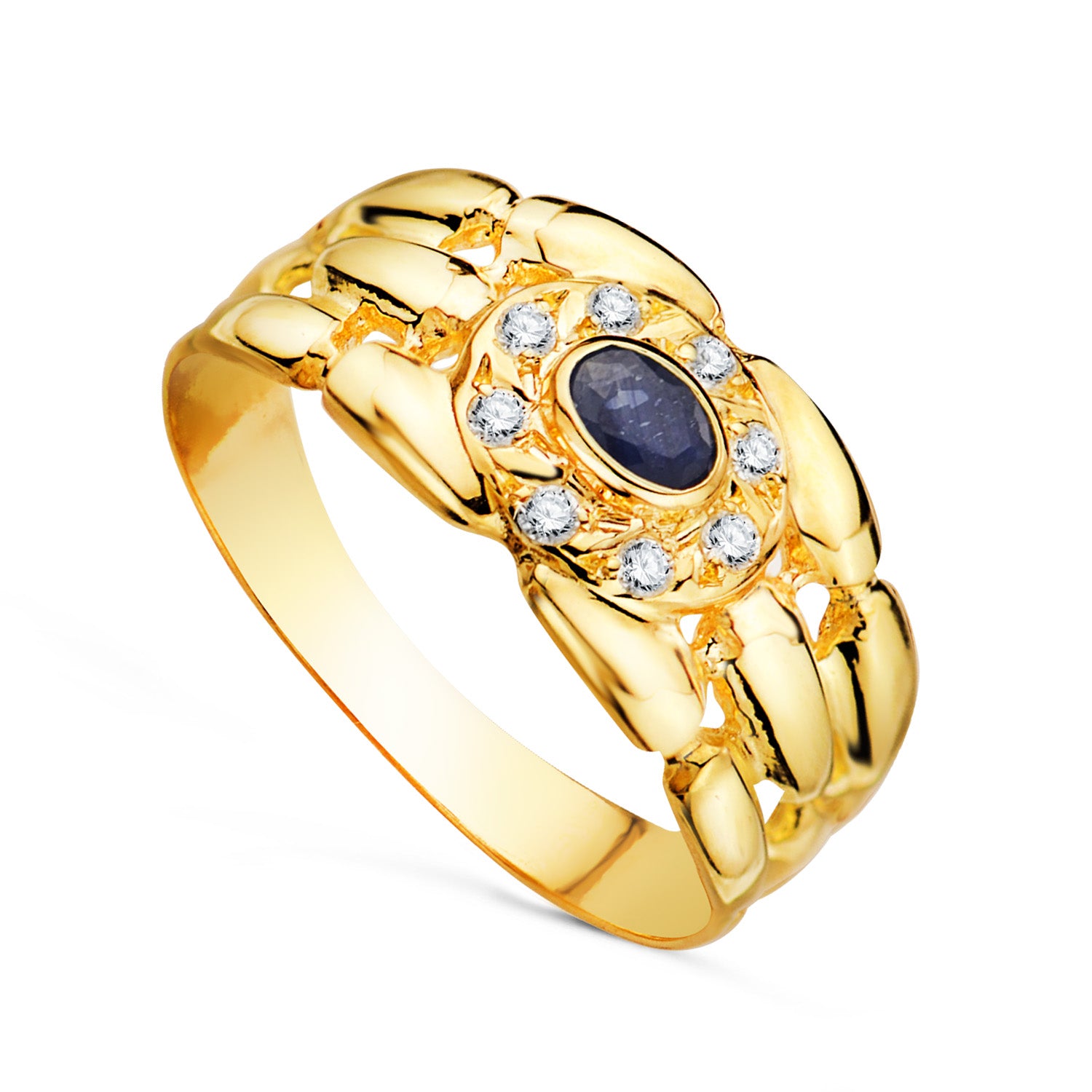 Anillo panter oro 18k con circonitas y zafiro natural