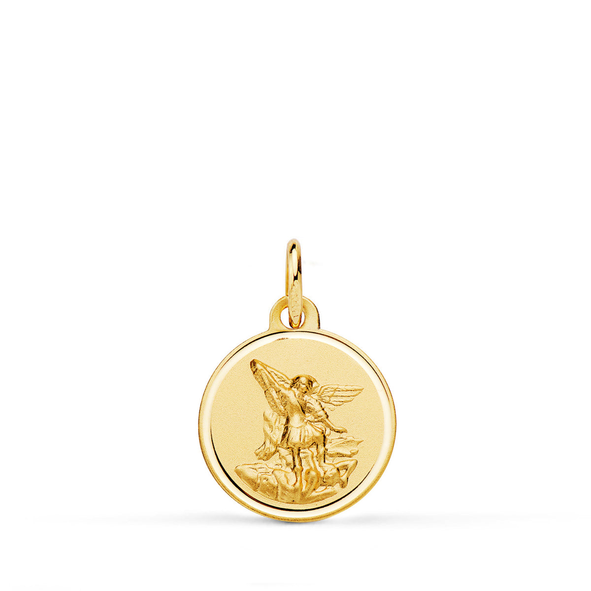 Medalla de oro 18k de San Miguel Arcángel con bisel liso, 14 mm, sobre fondo blanco