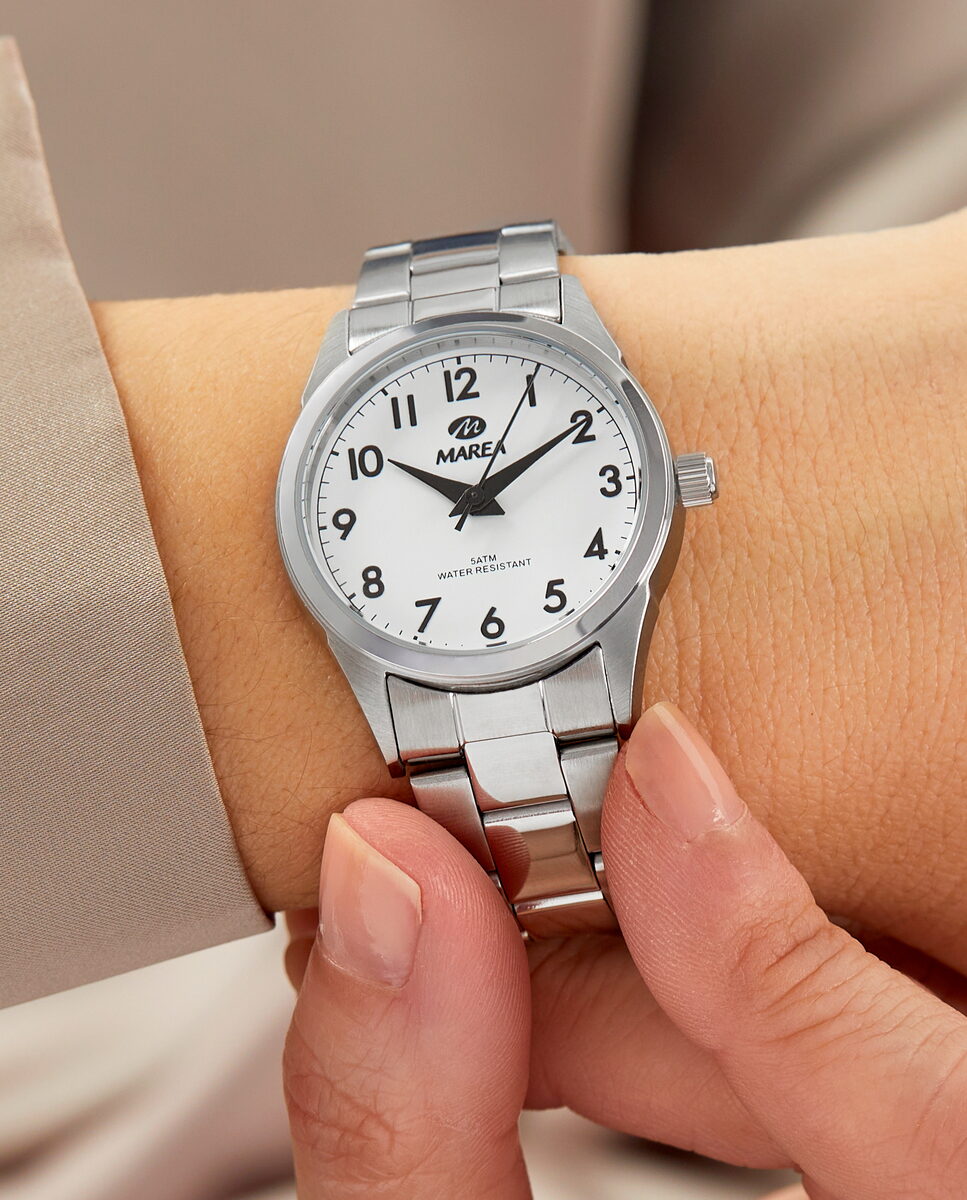Reloj para mujer Marea, caja de acero inoxidable color plateada de 30 mm, brazalete de acero color plateado, esfera blanca - detalle