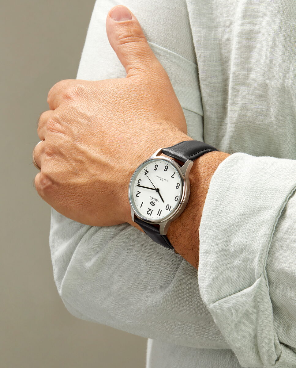 Reloj para hombre Marea, caja de acero inoxidable color plateada de 40 mm, correa de piel color negra, esfera blanca - detalle