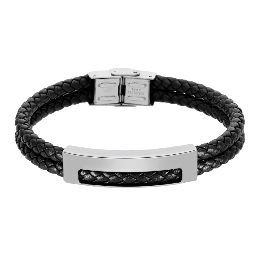 Pulsera de piel negra con placa de acero inoxidable, 22,5 cm, cierre de caja