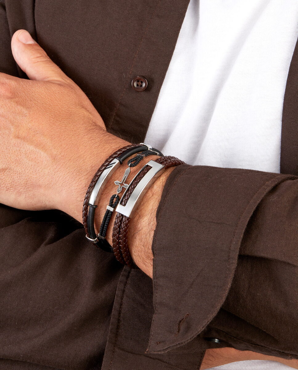 Pulsera de piel marrón con placa de acero inoxidable, 22,5 cm, cierre de caja