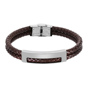 Pulsera de piel marrón con placa de acero inoxidable, 22,5 cm, cierre de caja
