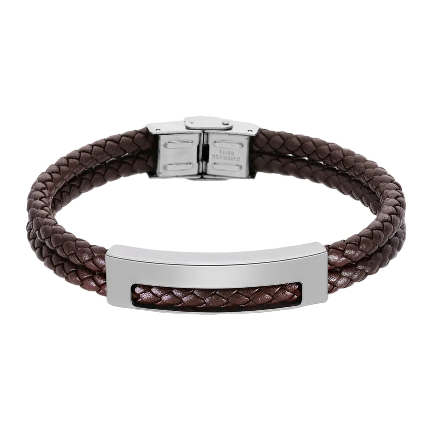 Pulsera de piel marrón con placa de acero inoxidable, 22,5 cm, cierre de caja