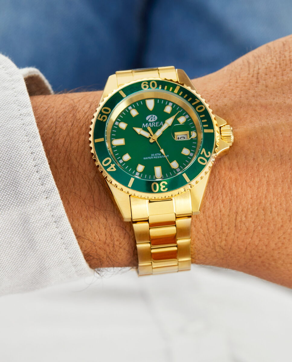 Reloj para hombre Marea, caja de acero inoxidable color dorada de 43 mm, brazalete de acero color dorado, esfera verde con bisel verde - detalle