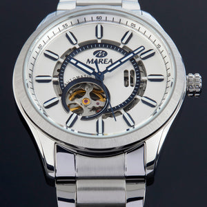 Reloj para hombre Marea, caja de acero inoxidable color plateada de 43 mm, brazalete de acero color plateado, esfera blanca - detalle