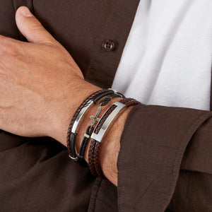 Pulsera de algodón negro con cruz de acero inoxidable, 19 + 3 cm, cierre de mosquetón
