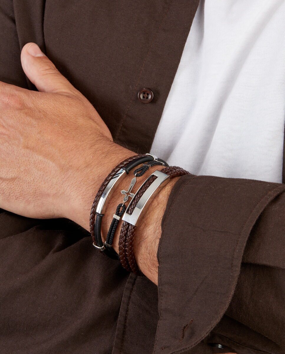 Pulsera de algodón negro con cruz de acero inoxidable, 19 + 3 cm, cierre de mosquetón