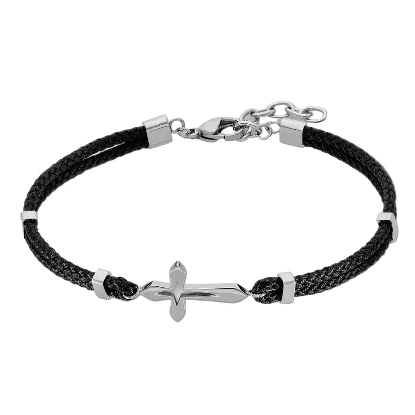 Pulsera de algodón negro con cruz de acero inoxidable, 19 + 3 cm, cierre de mosquetón