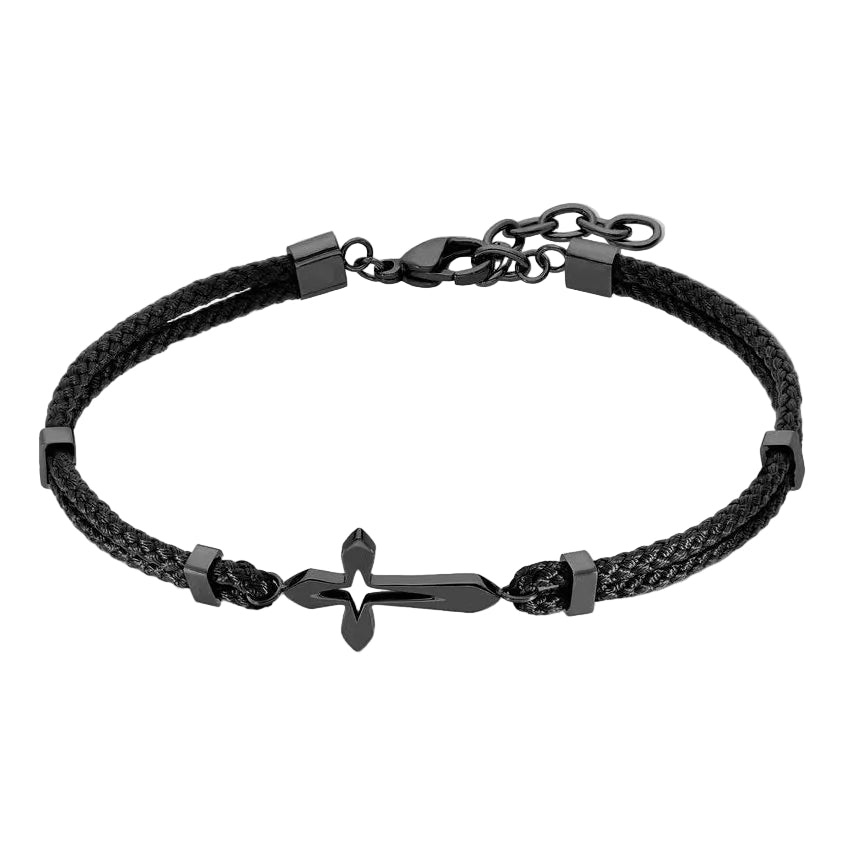 Pulsera de algodón negro con cruz de acero inoxidable, 19 + 3 cm, cierre de mosquetón