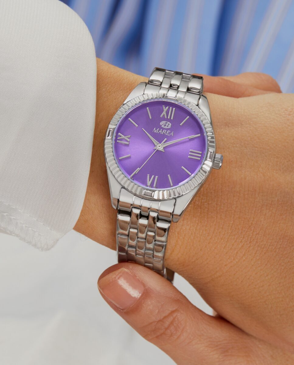 Reloj para mujer Marea, caja de metal color plateada de 33 mm, brazalete de acero color plateado, esfera lila - detalle