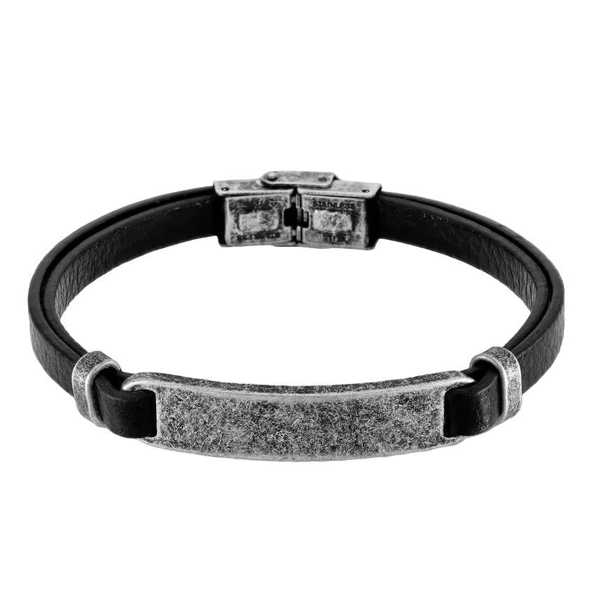 Pulsera de piel negra con placa metálica grabable, 22 cm, cierre de caja