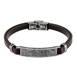 Pulsera de piel marrón con placa metálica grabable, 22 cm, cierre de caja
