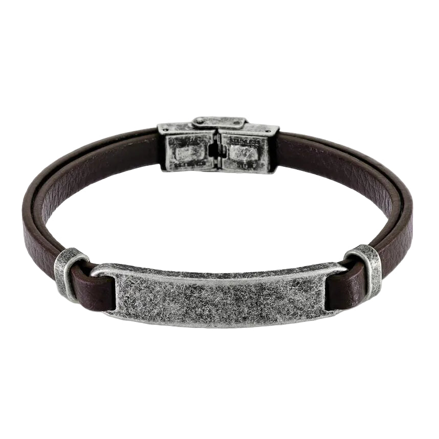 Pulsera de piel marrón con placa metálica grabable, 22 cm, cierre de caja