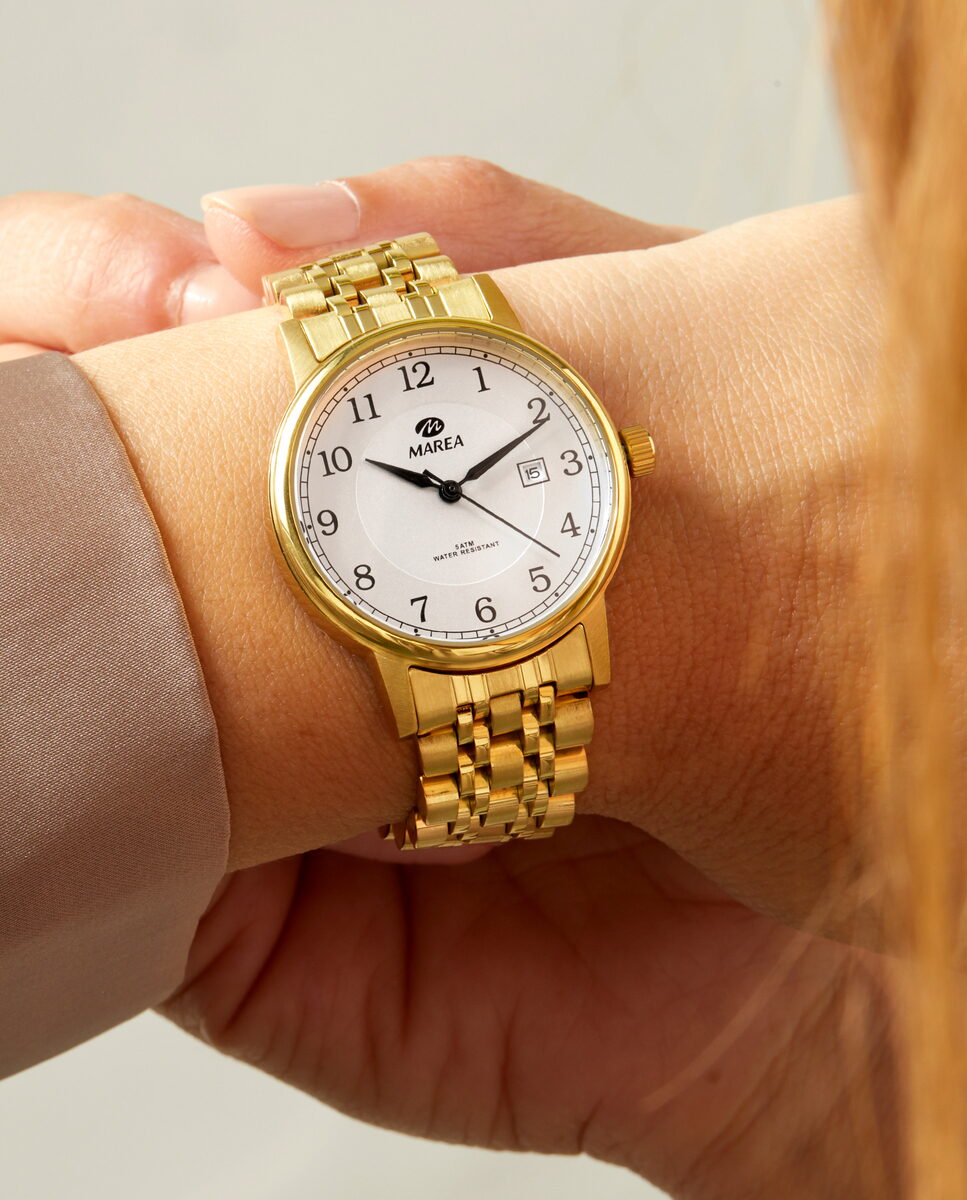 Reloj para mujer Marea, caja de acero inoxidable color dorada de 32 mm, brazalete de acero color dorado, esfera blanca - detalle