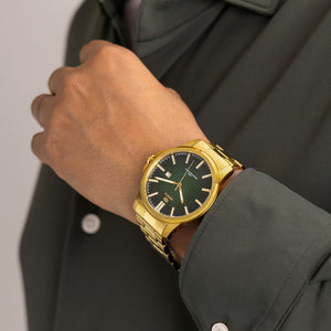 Reloj para hombre Marea, caja de acero inoxidable color dorada de 42 mm, brazalete de acero color dorado, esfera verde oscuro - detalle